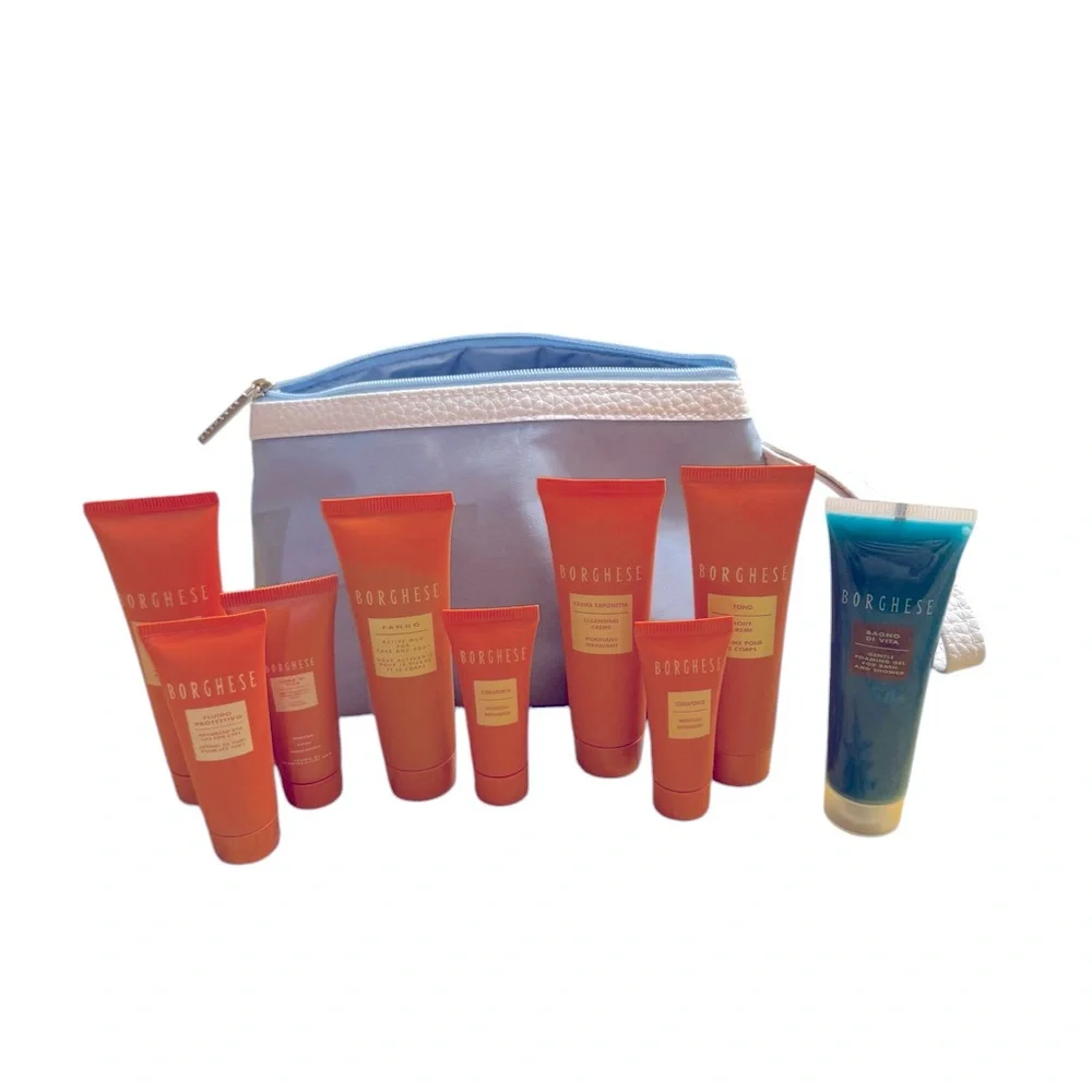 Borghese blue cosmetics bag w/travel size collection of skincare products. NEW
